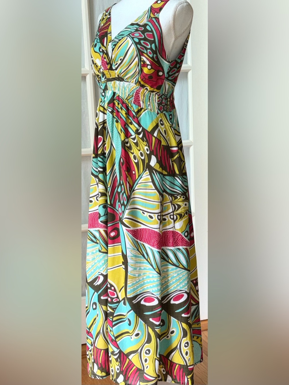 Boho Abstract Cotton Maxi Dress Smocked Waist Resort Summer Medium